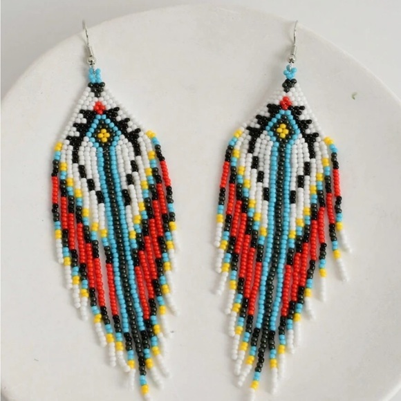 New Bohemian Beaded Fringe Earrings Turquoise & Red‎ - Picture 1 of 4